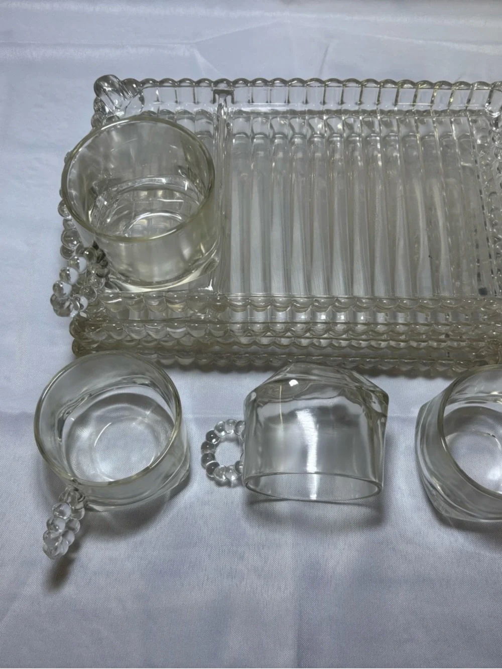Set of 4 Vtg Hazel Atlas Glass Snack Luncheon Plates Sip And Smoke Ball & Rib